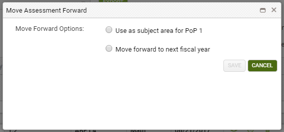 The LACES Move Assessment Forward (Pre-Test) window.  Grantees will use the Push Forward icon located in each assessment row under the assessment tab of the learner record to manually override the learner's Pre-test in LACES. To do so, grantees will select the Use as subject area for PoPX radio button in LACES.