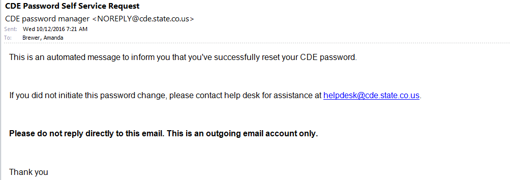 Screenshot of successful password reset email