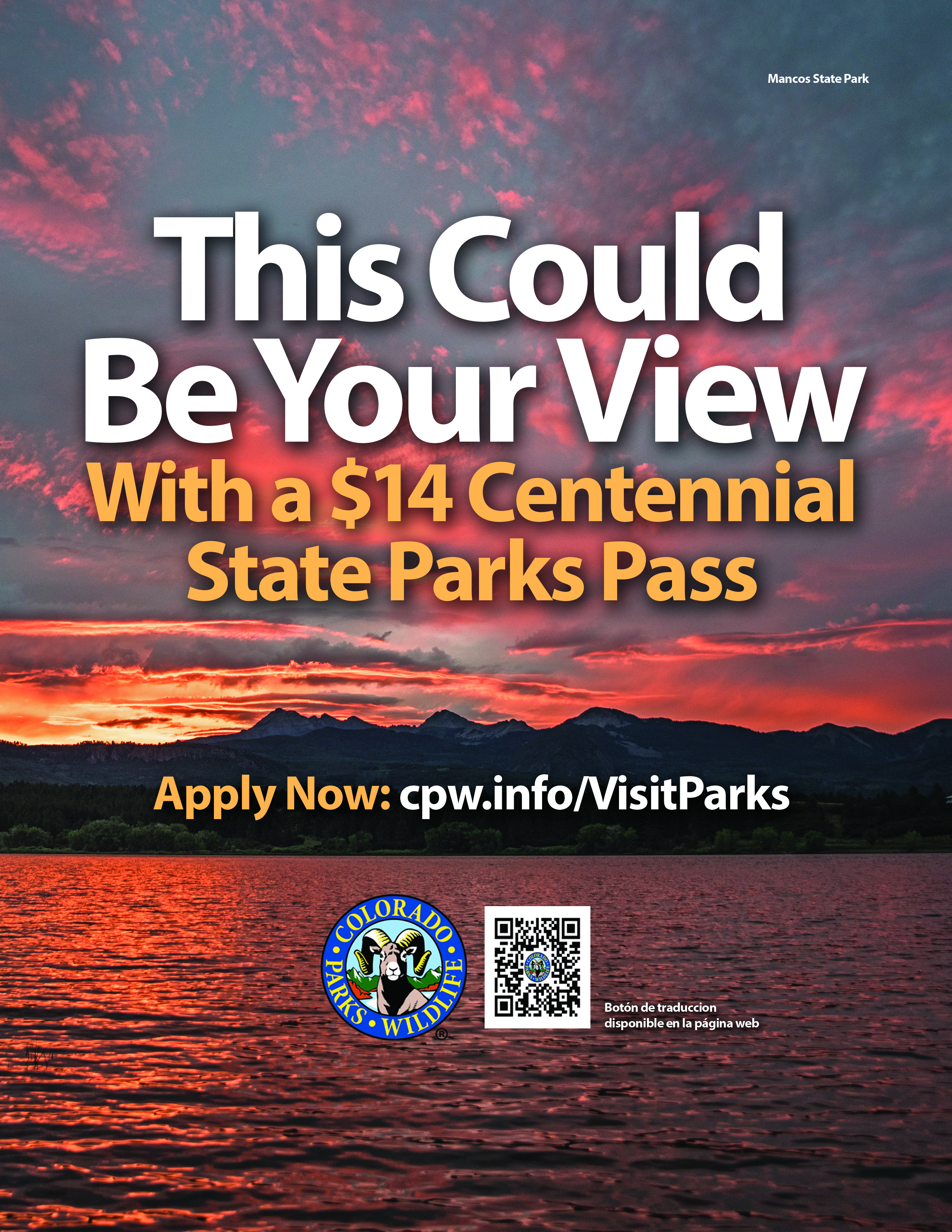 image of a lake with text promoting 14 dollar centennial parks pass available at cpw.info/VisitParks