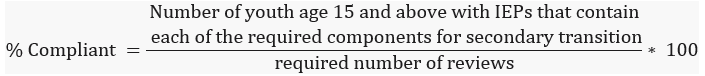 Percent compliant equals the number of youth age 15 and above with IEPs that contain each of the required components for secondary transition, divided by the required number of reviews, multiplied by 100