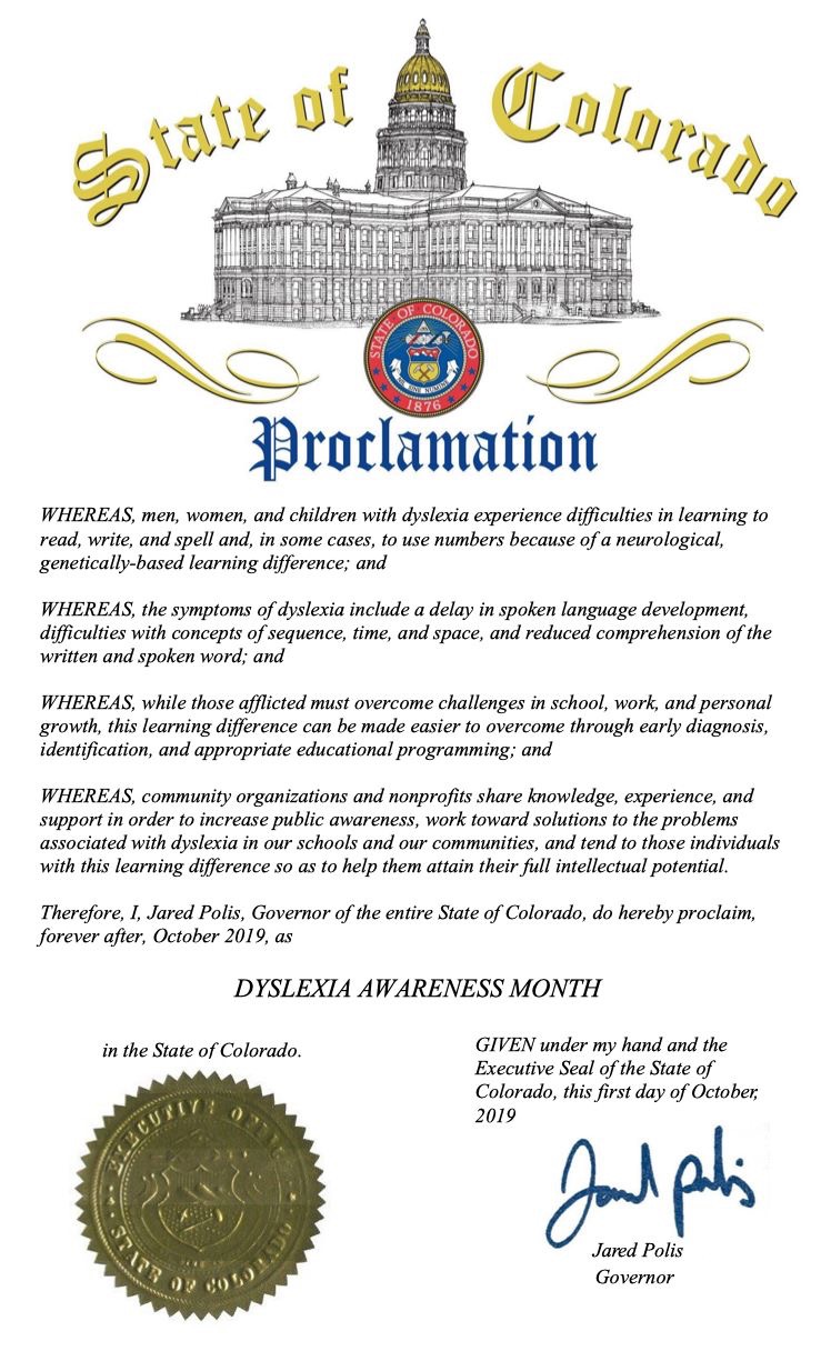 October is Dyslexia Awareness Month Proclamation by Gov. Polis 2019