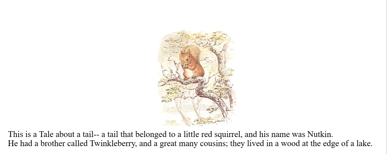 This is a tale about a tail-- a tail that belonged to a little red squirrel, and his name was Nutkin. He had a brother called Twinkleberry, and a great many cousins: They lived in a wood at the edge of a lake.