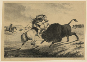 Print of American Indian man on horseback killing bison.  