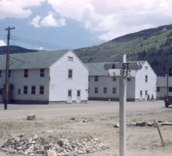 White, wooden buildings at Camp Hale.