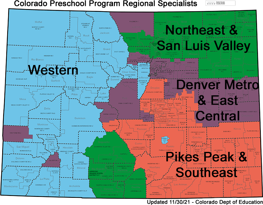 Map of Colorado Preschool Program Regional Specialist Assignments. Northeast and San Luis Valley, Denver Metro & East Central, Pikes Peak and Southeast, and Western.