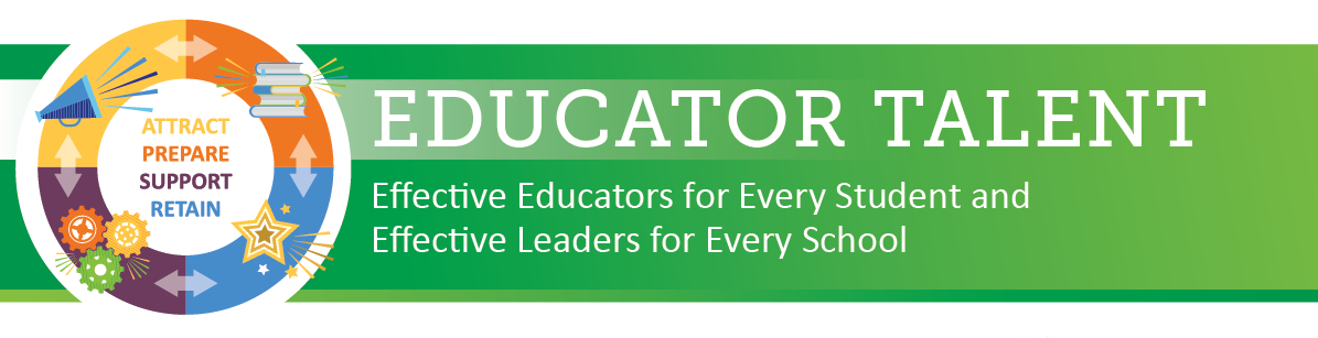 Educator Talent: Effective Educators for Every Student and Effective Leaders for Every School.  Circular icon with Attract represented as a Megaphone, Prepare represented with a Stack of Books, Support represented with Gears Turning and Retain represented with a Shooting Star. 
