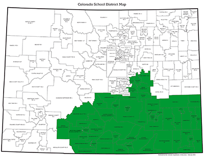 Educator Recruitment and Retention District Southeast Region Map- this map shows the southern Colorado school districts assigned to an ERR Specialist