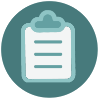 A teal circular icon with a clipboard in the middle.