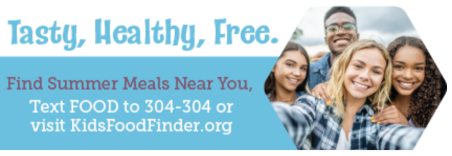 Email signature banner: text Tasty, Healthy, Free, find summer meals near you.