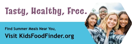 Email signature banner: text Tasty, Healthy, Free, find summer meals near you.