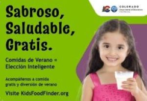 child drinking milk text: Sabroso, Saludable, Gratis. Comidas de Verano = Eleccion Inteligente
