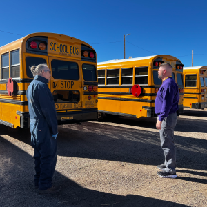 ESSER 1 Story Photo of Max Klekot (left), assistant transportation director for Ellicott School District 22, chatting with Superintendent Chris Smith as he gets ready for a day that requires sanitizing the buses four times and routine maintenance checks.