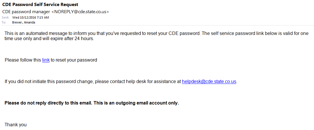 A screenshot of the CDE Identity Management - Reset Email