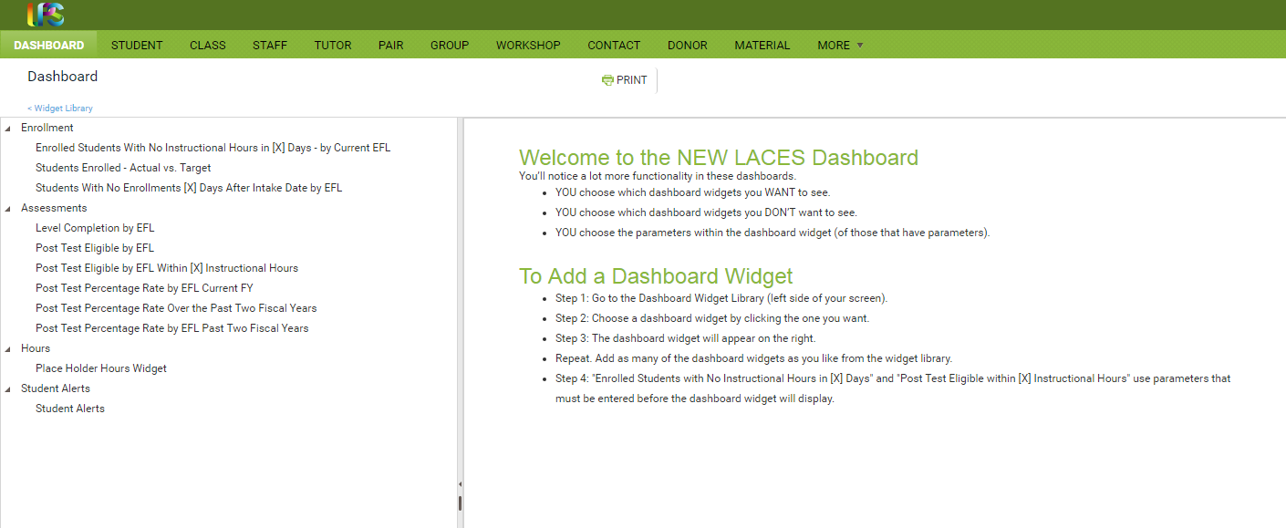 A screenshot of the LACES Dashboard page.