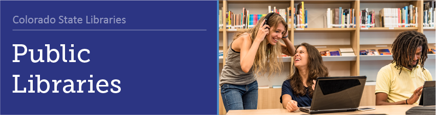 Colorado State Libraries - Public Libraries. Three people laughing and looking at a laptop in the library.