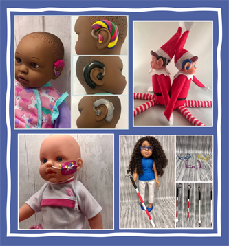 Dolls with hearing aids and other  items for children to promote inclusiveness through play and proudly show their differences!