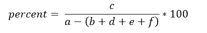 Percent equals c divided by a minus (b+d+e+f)