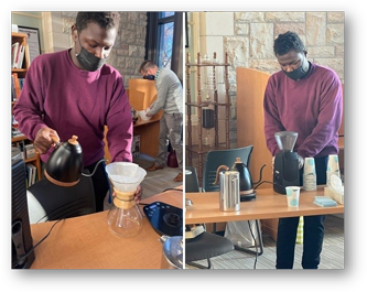 a student demonstrating how to brew coffee