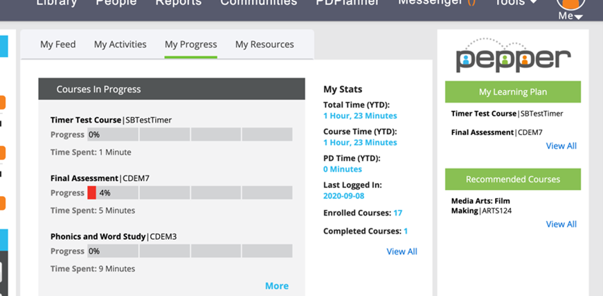 Image of Pepper dashboard showing Course in Progress tab.