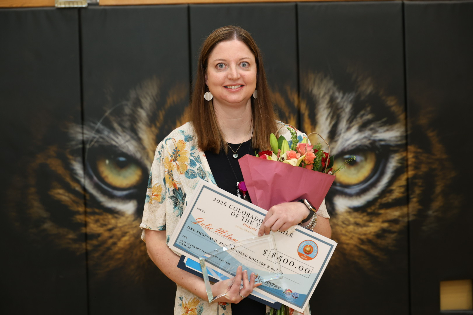 Julie Milam, Canon City School District, receive notification that she is a finalist for the 2026 Colorado Teacher of the Year award. Sept. 4, 2025.