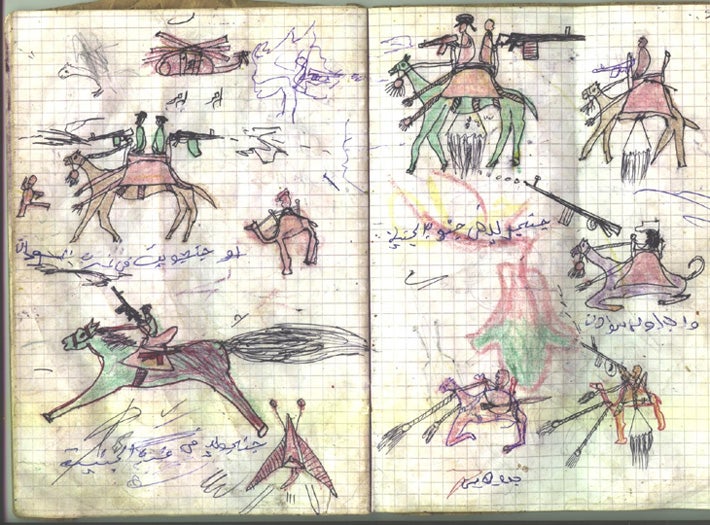 Children recall their experiences with crayons and pencils while their parents were interviewed by aid workers.
