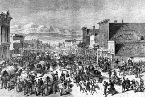 Rendering shows Chestnut Street in Leadville, Lake County, Colorado, with men, women, children, dogs, covered wagons, stagecoaches, and buckboards.