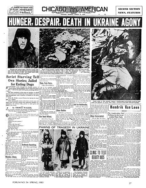 Photo by Thomas Walker in Chicago American, reporting people eating cats and dogs to survive in Soviet Ukraine, 1935