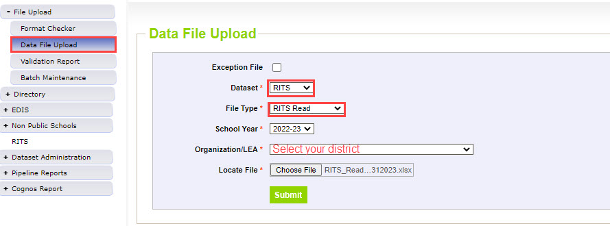 RITS Read Upload page in Data Pipeline to upload files.