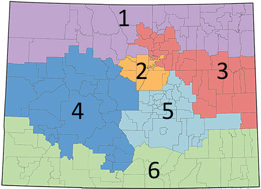 A colored map of Colorado school districts divided by Regional Support numbered 1-6.