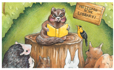 chipmunk reads story book to group of woodland animals