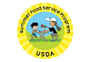 A child and an adult sit at a picnic table with food, outer circle with words: Summer Food Service Program USDA