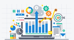 A brightly colored graphic featuring a bar chart on a laptop, and other widgets. 