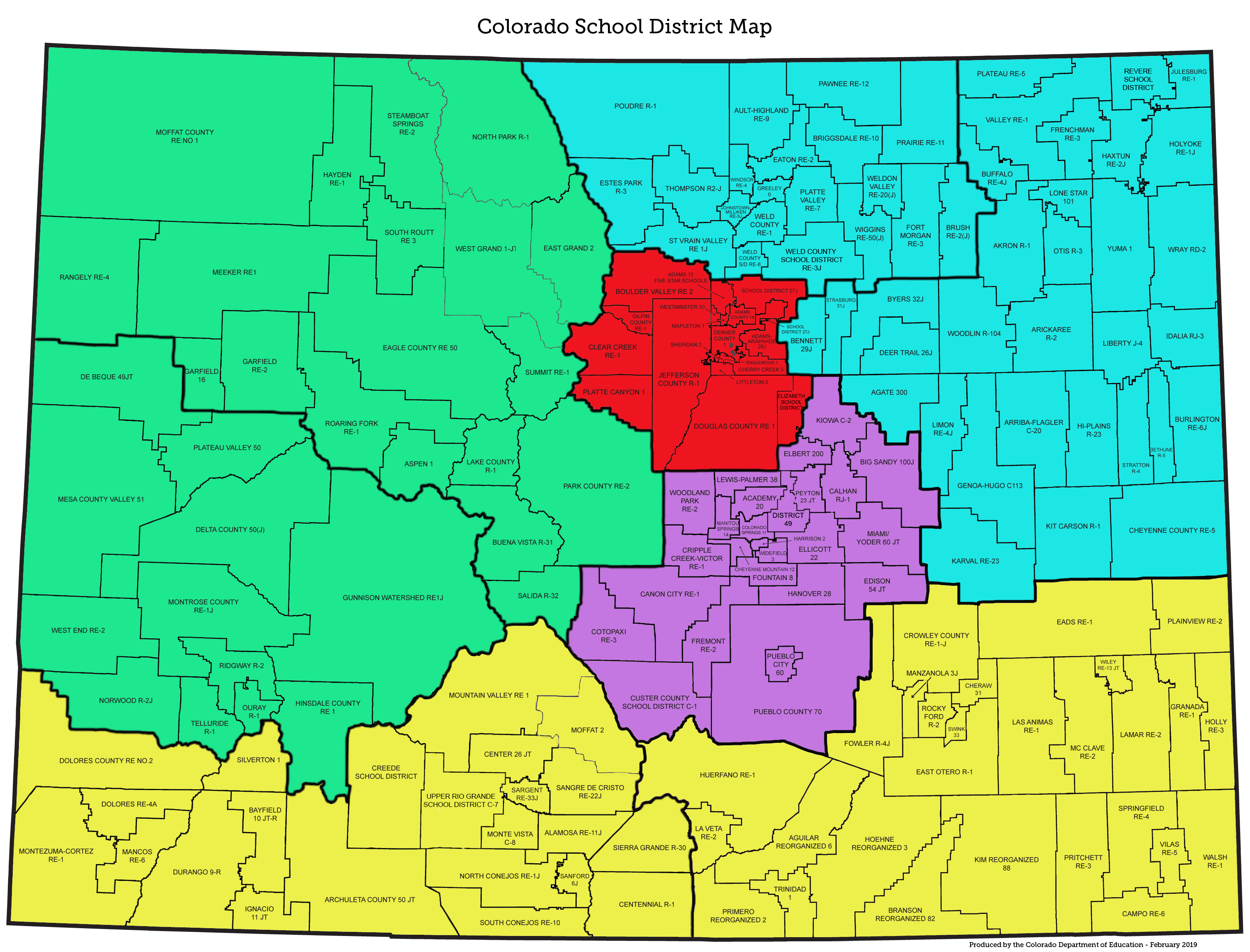 Colorado school district map, broken out by regional contact assignments.