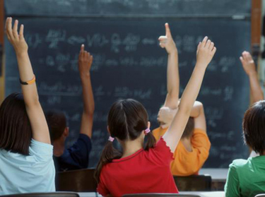 Children raising their hands in a classroom