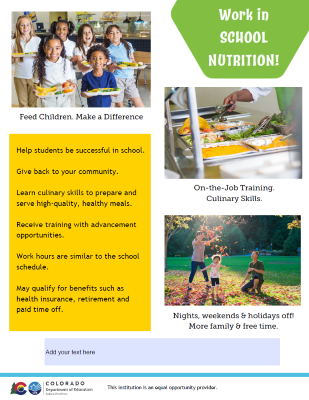 Work in school nutrition flyer with photos of students with lunch trays, food in the cafeteria, and a family playing outside