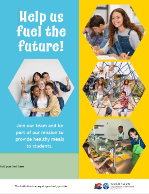 Help fuel students flyer with photos of happy children at school and happy cafeteria workers