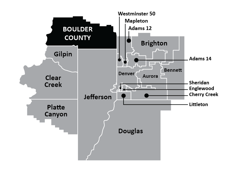 Map of Denver Metro area schools with Boulder highlighted. 