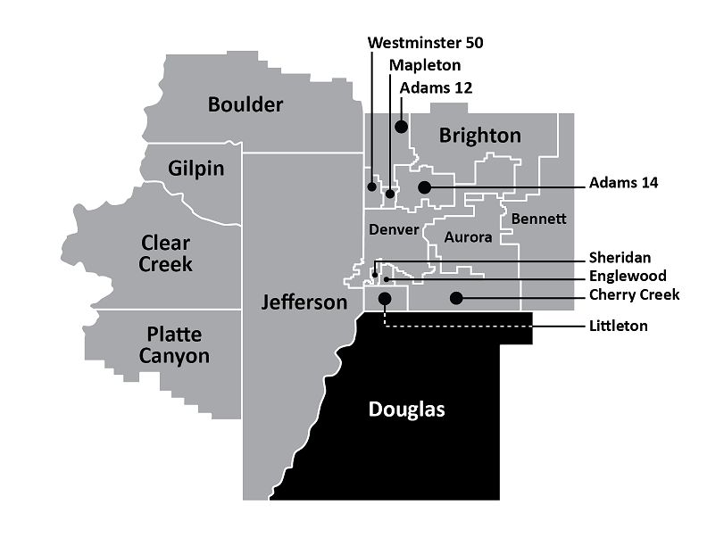 Map of Denver Metro area schools with Douglas County highlighted. 
