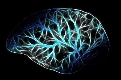 A brightly colored brain in hues of blue on a black background. 