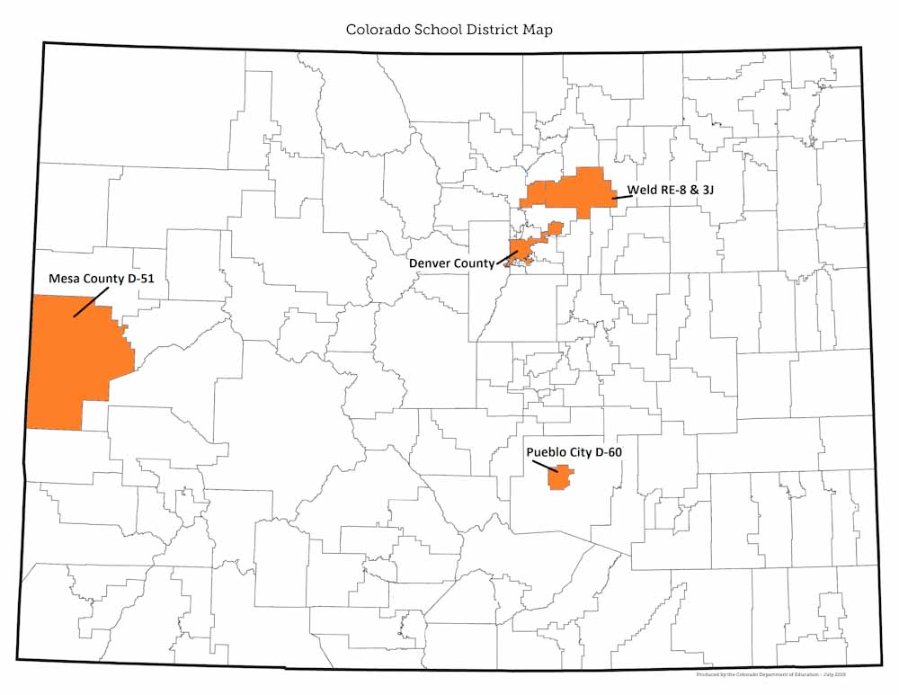 State of Colorado Map with highlighting the area in which Mesa County, Weld RE8, Weld 3J, Denver, and Pueblo City school districts reside. 